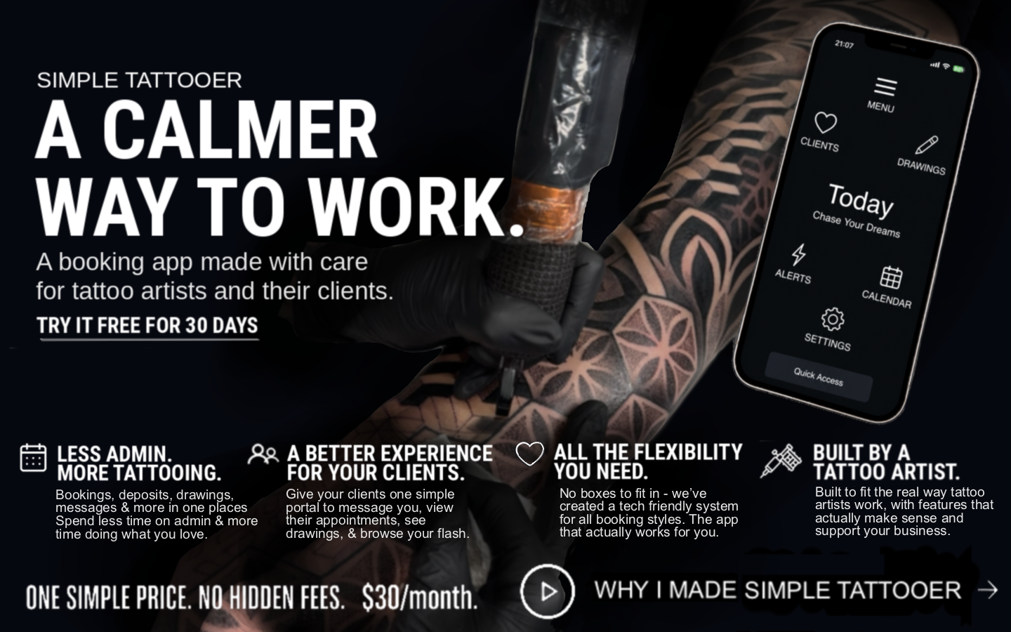 Simple Tattooer. A calmer way to work. A booking app made with care for tattoo artists and their clients.