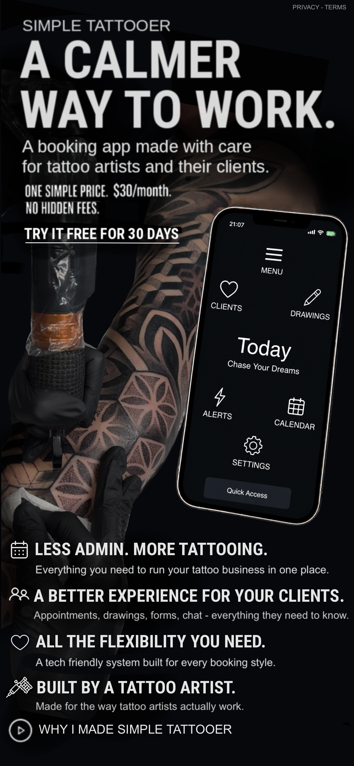 Simple Tattooer. A calmer way to work. A booking app made with care for tattoo artists and their clients.